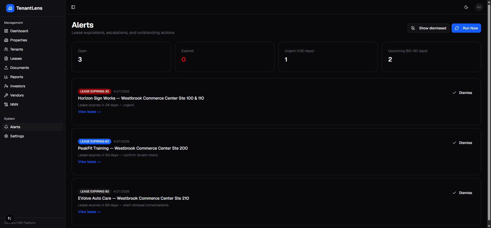 The operational layer — 30/60/90-day lease-expiration alerts so renewals never slip through the cracks.