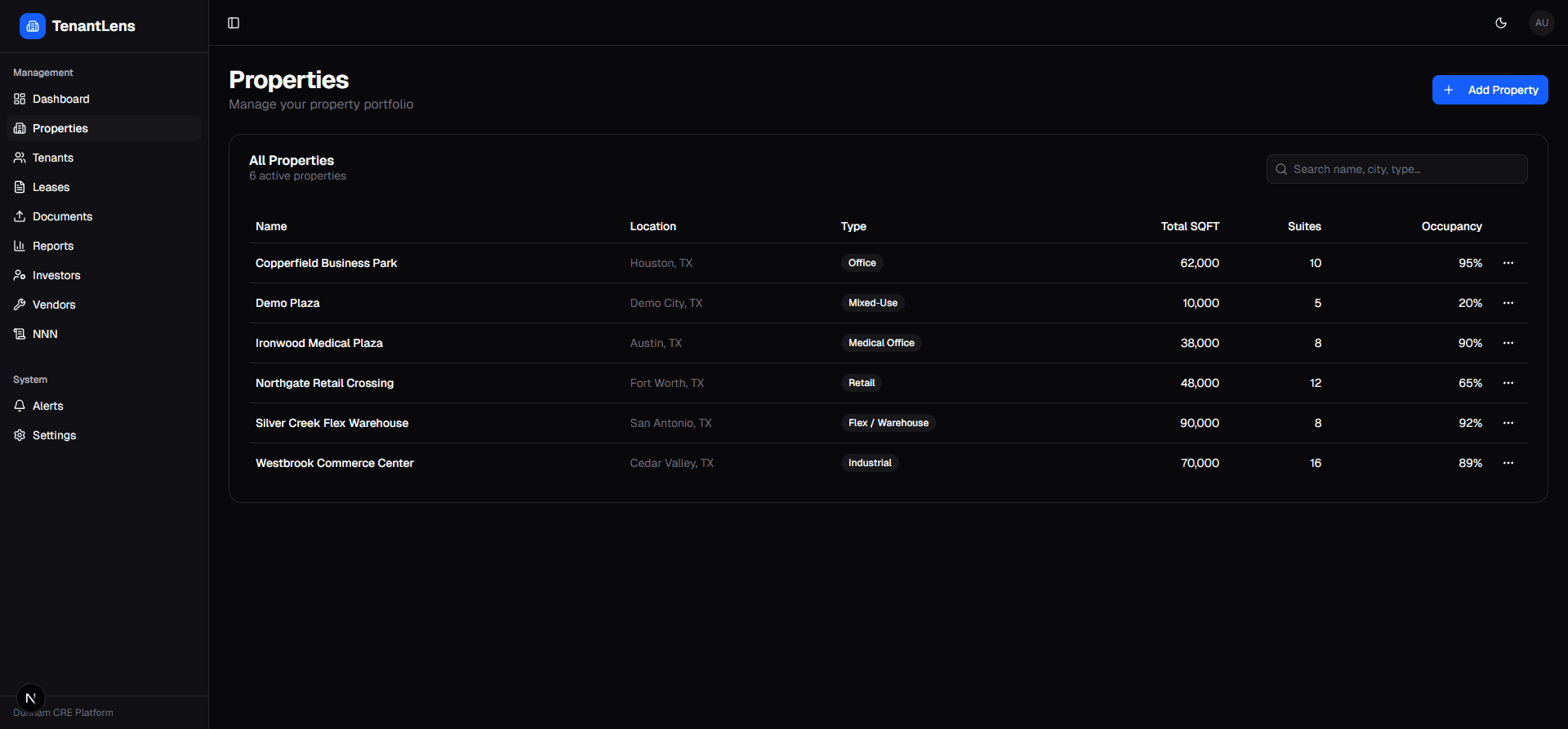 Portfolio at a glance — every property with location, type, total SQFT, and live occupancy.