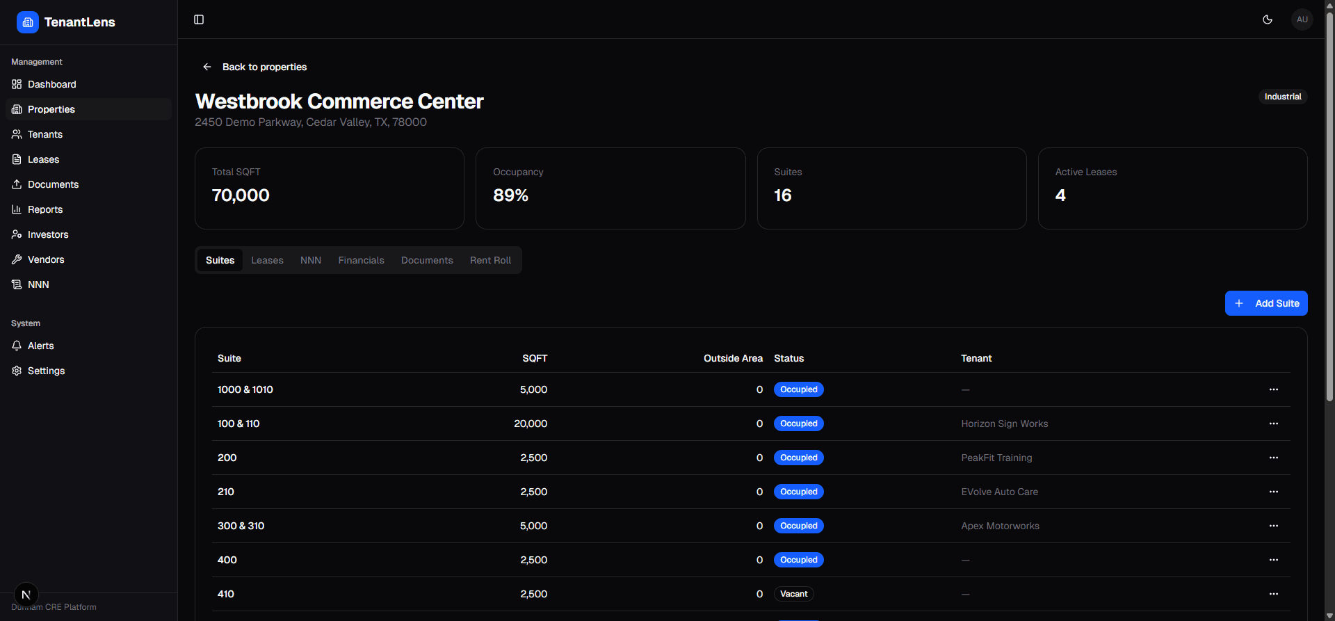 Drill into a single property — suites, leases, NNN expenses, financials, documents, and rent roll, all under one roof.